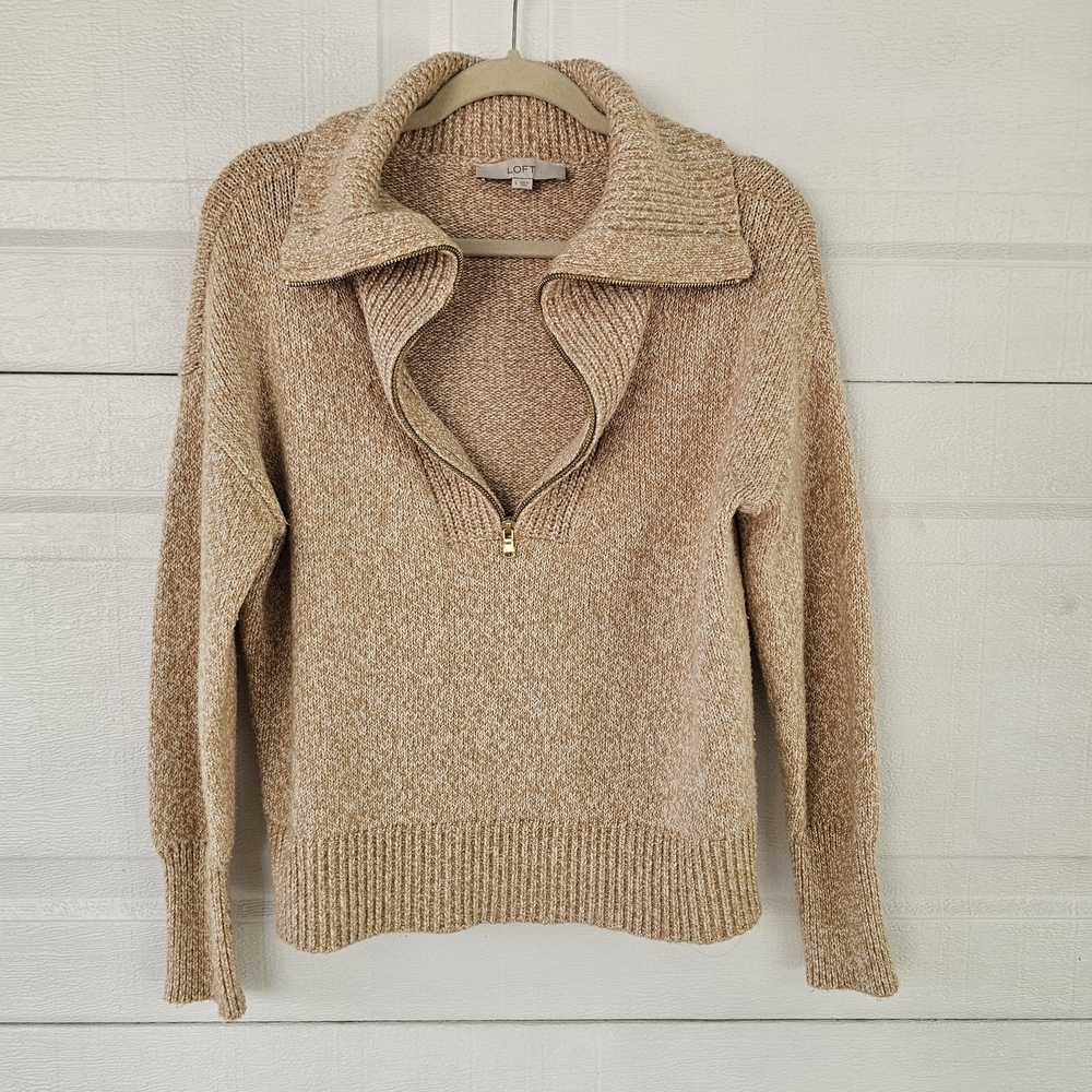 LOFT Neutral Half Zip Sweater Small Cozy Knit Minimalist Beige Ribbed Collar - Picture 2 of 12